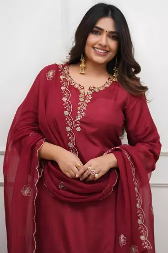 Women's Beautiful Embroidery Work Roman Silk Fabric Straight Kurta Pant and Dupatta Set