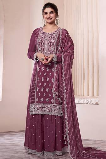 Dark Peach Art Silk Embroidery Sequence Work Kurta Palazzo Set with Dupatta For Women