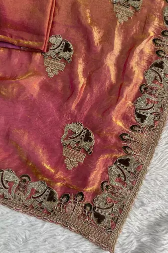 rose fendy satin saree with embroidery and siroski work