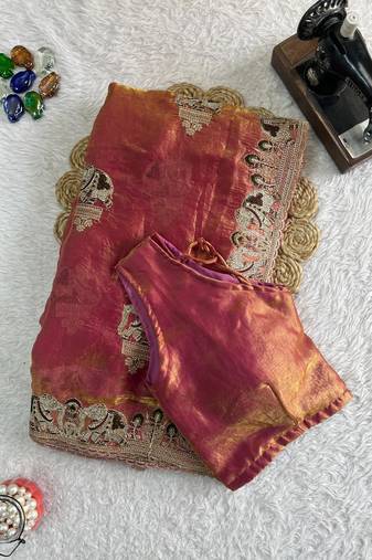 Rose Color Embroidery work & Siroski Hand Work Fendy Satin Saree