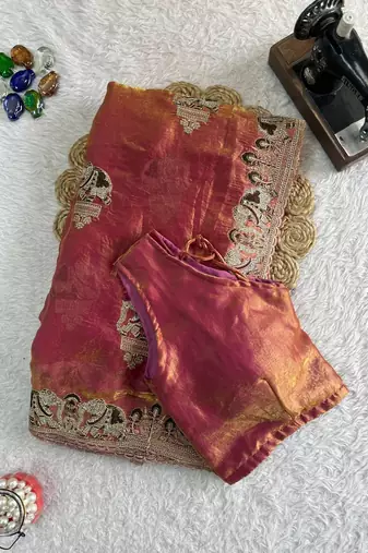 Rose Color Embroidery work & Siroski Hand Work Fendy Satin Saree