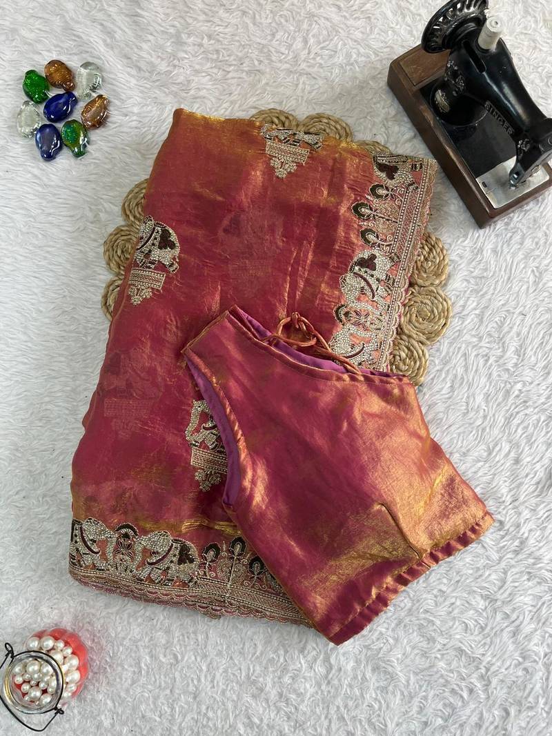 Rose Color Embroidery work & Siroski Hand Work Fendy Satin Saree