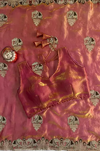 rose fendy satin saree with embroidery and siroski work
