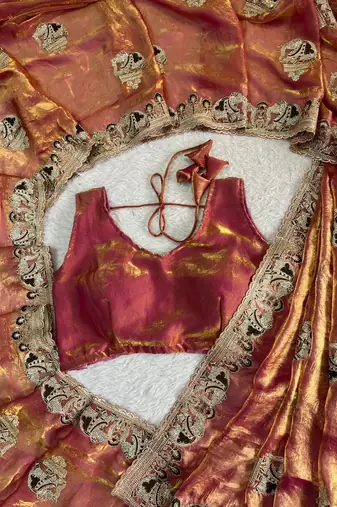 rose fendy satin saree with embroidery and siroski work