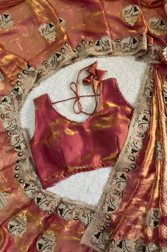 rose fendy satin saree with embroidery and siroski work