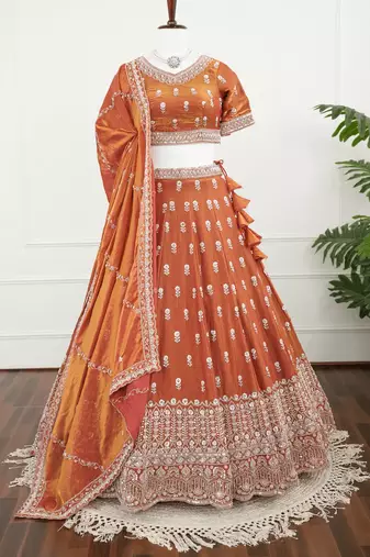 Rust Orange Dori & Moti Work Fendi Silk Embroidered Lehenga Choli with Dupatta