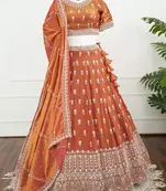 Rust Orange Dori & Moti Work Fendi Silk Embroidered Lehenga Choli with Dupatta