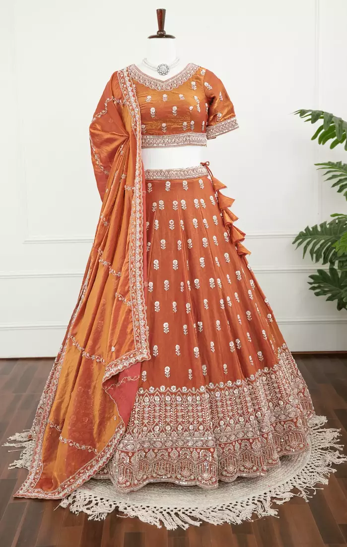 Rust Orange Dori & Moti Work Fendi Silk Embroidered Lehenga Choli with Dupatta