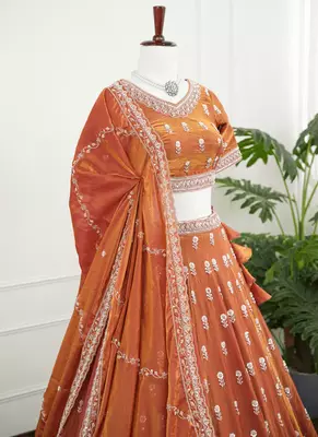 Rust Orange Dori & Moti Work Fendi Silk Embroidered Lehenga Choli with Dupatta 2