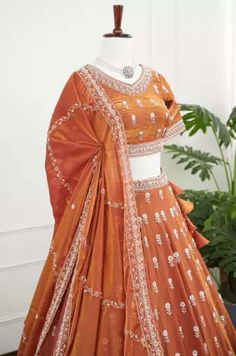 Rust Orange Dori & Moti Work Fendi Silk Embroidered Lehenga Choli with Dupatta