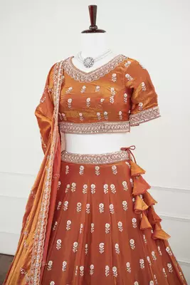 Rust Orange Dori & Moti Work Fendi Silk Embroidered Lehenga Choli with Dupatta 3