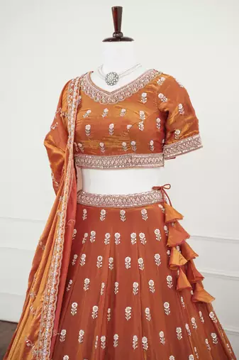 Rust Orange Dori & Moti Work Fendi Silk Embroidered Lehenga Choli with Dupatta