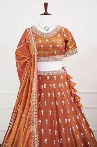 Rust Orange Dori & Moti Work Fendi Silk Embroidered Lehenga Choli with Dupatta