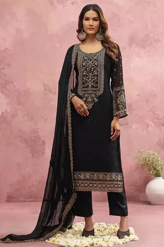 Black Georgette Beads Embroidery Work Kurta Pant Set with Dupatta For Women