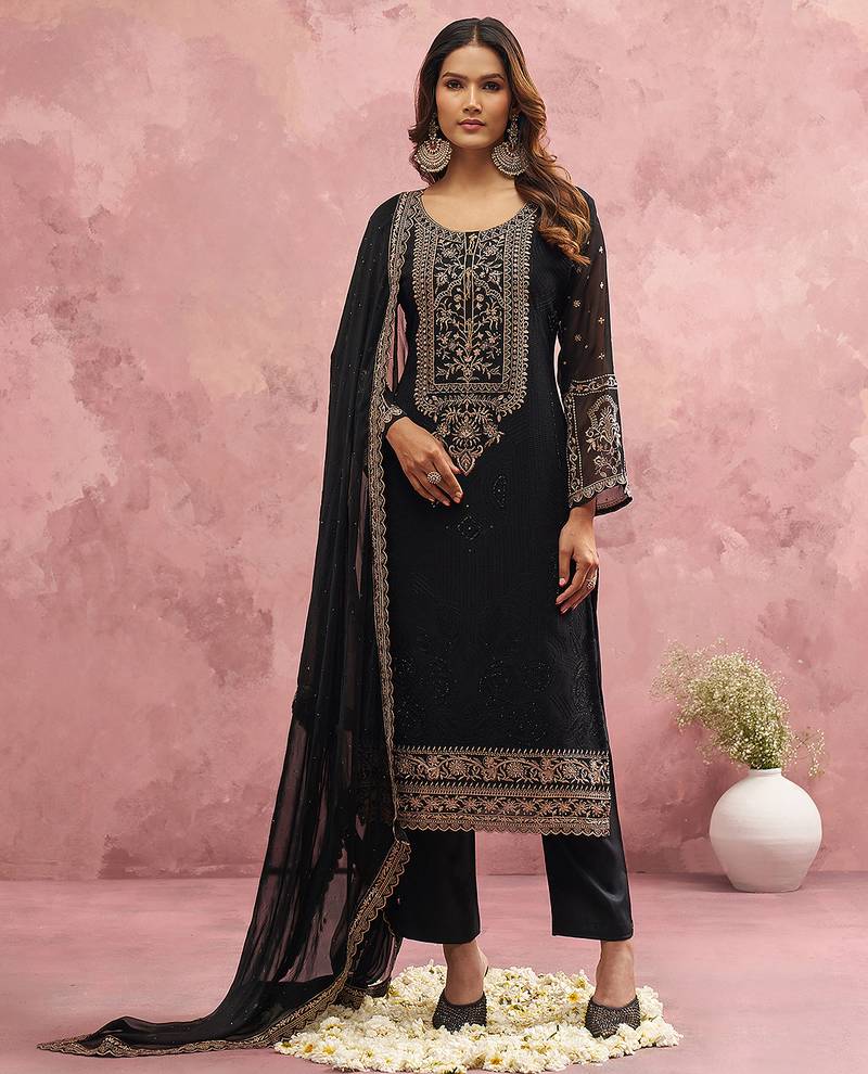 Black Georgette Beads Embroidery Work Kurta Pant Set with Dupatta For Women