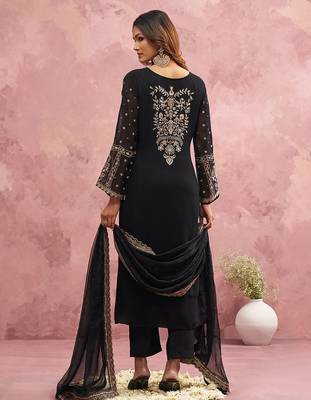 Black Georgette Beads Embroidery Work Kurta Pant Set with Dupatta For Women 2