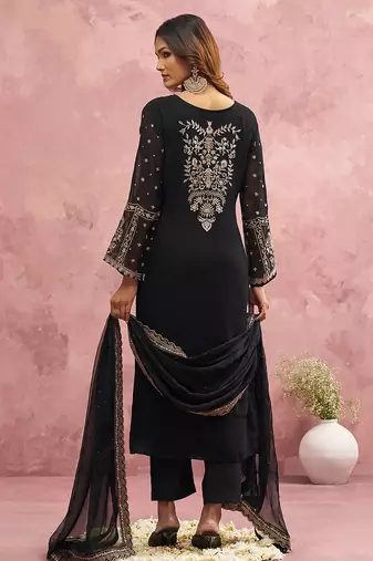 Black Georgette Beads Embroidery Work Kurta Pant Set with Dupatta For Women