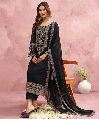 Black Georgette Beads Embroidery Work Kurta Pant Set with Dupatta For Women 3
