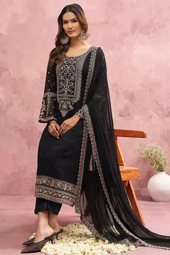 Black Georgette Beads Embroidery Work Kurta Pant Set with Dupatta For Women