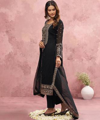 Black Georgette Beads Embroidery Work Kurta Pant Set with Dupatta For Women 4