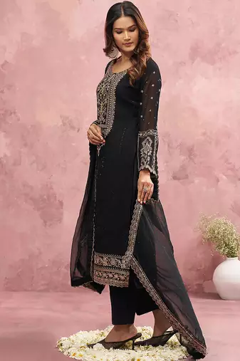 Black Georgette Beads Embroidery Work Kurta Pant Set with Dupatta For Women