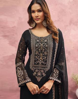 Black Georgette Beads Embroidery Work Kurta Pant Set with Dupatta For Women 5