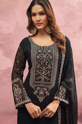 Black Georgette Beads Embroidery Work Kurta Pant Set with Dupatta For Women