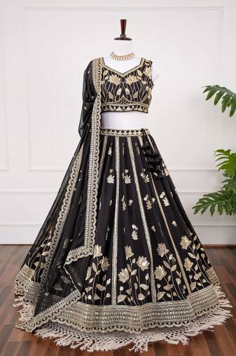 Black Thread & Sequins Work Fox Georgette Embroidered Lehenga Choli with Dupatta