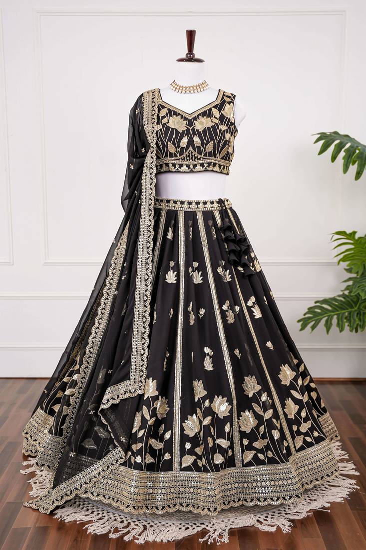 Black Thread & Sequins Work Fox Georgette Embroidered Lehenga Choli with Dupatta