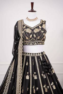 Black Thread & Sequins Work Fox Georgette Embroidered Lehenga Choli with Dupatta 2