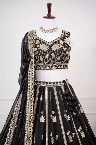 Black Thread & Sequins Work Fox Georgette Embroidered Lehenga Choli with Dupatta