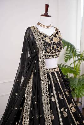Black Thread & Sequins Work Fox Georgette Embroidered Lehenga Choli with Dupatta 3
