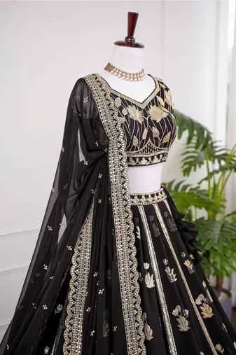 Black Thread & Sequins Work Fox Georgette Embroidered Lehenga Choli with Dupatta
