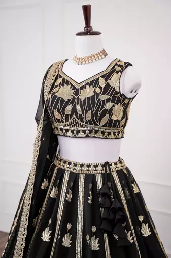 Black Thread & Sequins Work Fox Georgette Embroidered Lehenga Choli with Dupatta