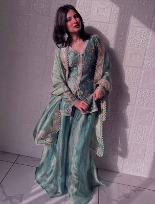 teal shimmer silk embroidered kurta palazzo set for women 1