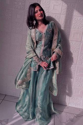 Women's shimmer silk sequins embroidered designer kurta palazzo with dupatta set