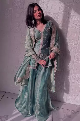 Women's shimmer silk sequins embroidered designer kurta palazzo with dupatta set