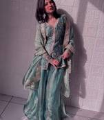 teal shimmer silk embroidered kurta palazzo set for women