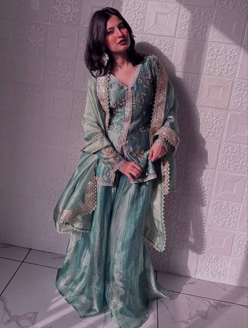 Women's shimmer silk sequins embroidered designer kurta palazzo with dupatta set