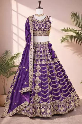 Purple Thread & Sequence Work Georgette Embroidered Lehenga Choli with Dupatta