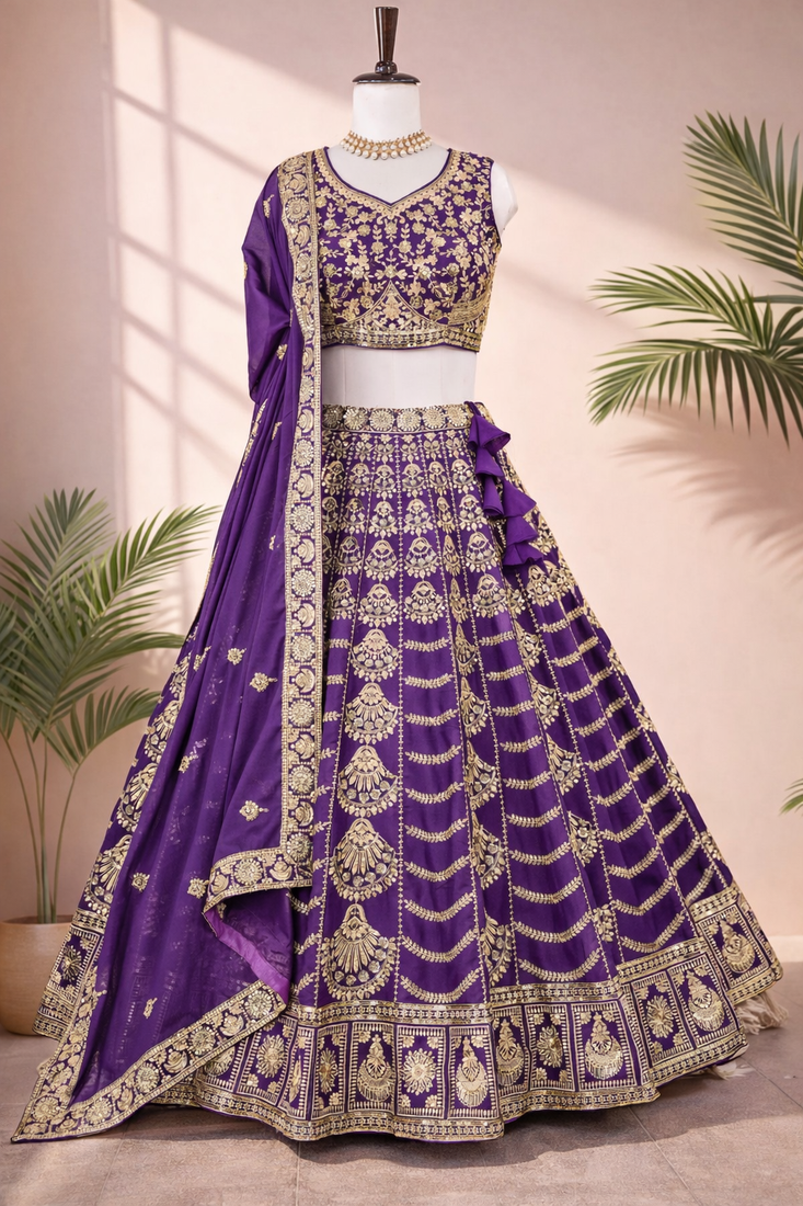 Purple Thread & Sequence Work Georgette Embroidered Lehenga Choli with Dupatta