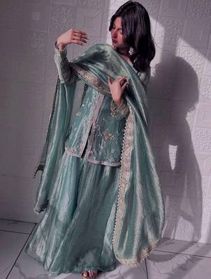 teal shimmer silk embroidered kurta palazzo set for women 2