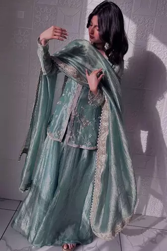 teal shimmer silk embroidered kurta palazzo set for women