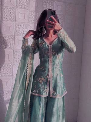 teal shimmer silk embroidered kurta palazzo set for women 3