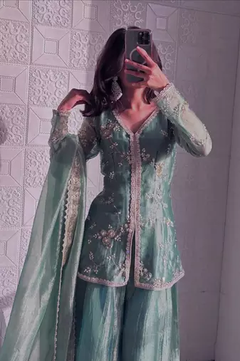 teal shimmer silk embroidered kurta palazzo set for women
