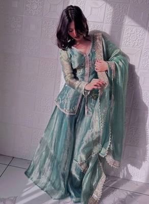 teal shimmer silk embroidered kurta palazzo set for women 4