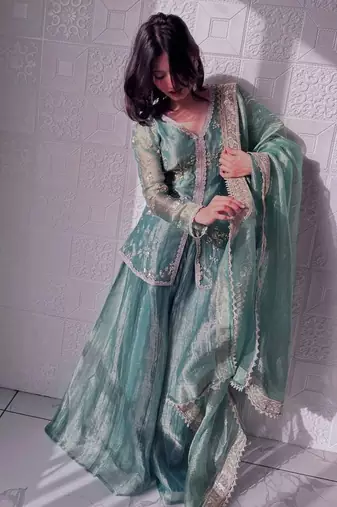 teal shimmer silk embroidered kurta palazzo set for women