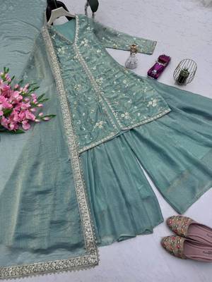 teal shimmer silk embroidered kurta palazzo set for women 5