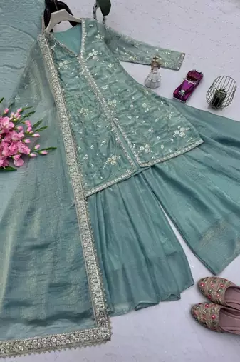 teal shimmer silk embroidered kurta palazzo set for women