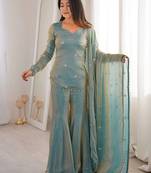 Women's shimmer silk sequins embroidered designer kurta sharara with dupatta set